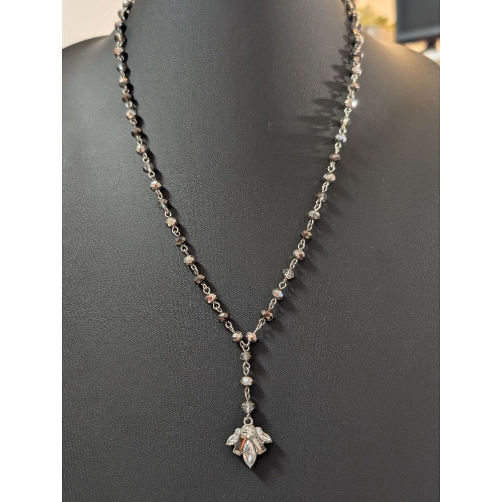 C1946 Gunmetal Crystal Beaded Y-Necklace - Art Deco Pendant